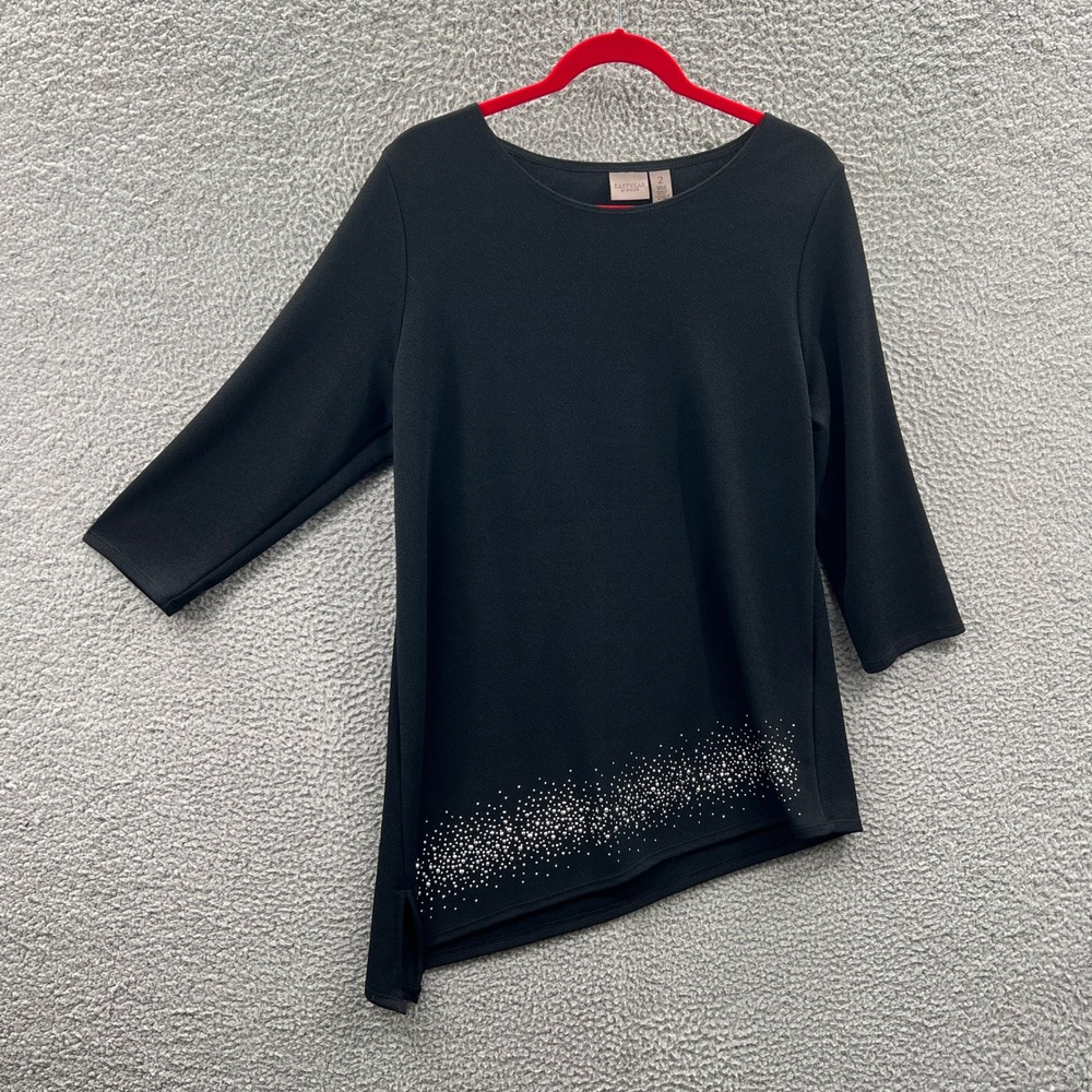 Chicos Womens Minimalist Tunic Top L Asymmetric Hem Rhinestone Office Capsule